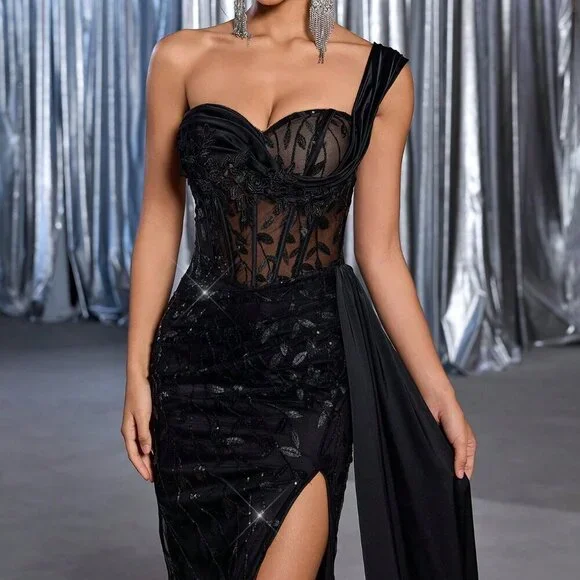 b smart formal dresses Black Multicolor Bustier Embroidered Floral A-Line Dress
